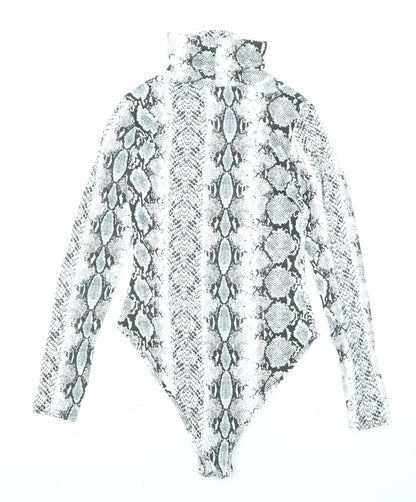 PRETTYLITTLETHING Womens Black Animal Print Viscose Bodysuit One-Piece Size 8 Snap - Snakeskin Pattern