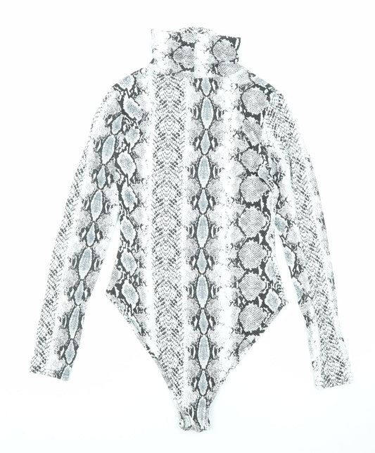 PRETTYLITTLETHING Womens Black Animal Print Viscose Bodysuit One-Piece Size 8 Snap - Snakeskin Pattern