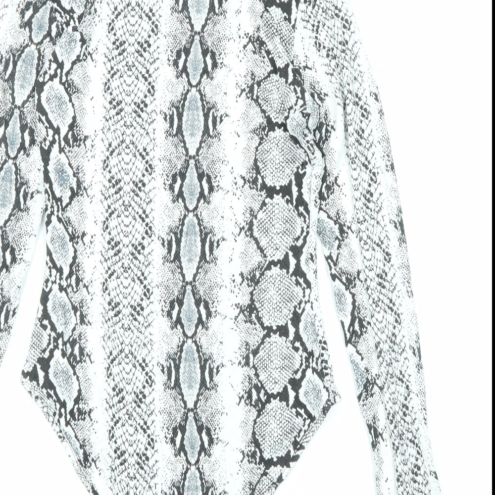 PRETTYLITTLETHING Womens Black Animal Print Viscose Bodysuit One-Piece Size 8 Snap - Snakeskin Pattern