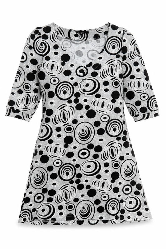 Front view of Izabel women’s grey geometric polyester a-line, size M, v-neck pullover