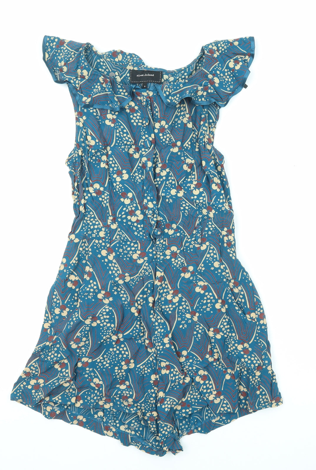 River Island Womens Blue Geometric Viscose Playsuit One-Piece Size 6 Button