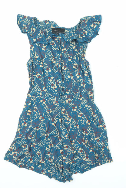 River Island Womens Blue Geometric Viscose Playsuit One-Piece Size 6 Button