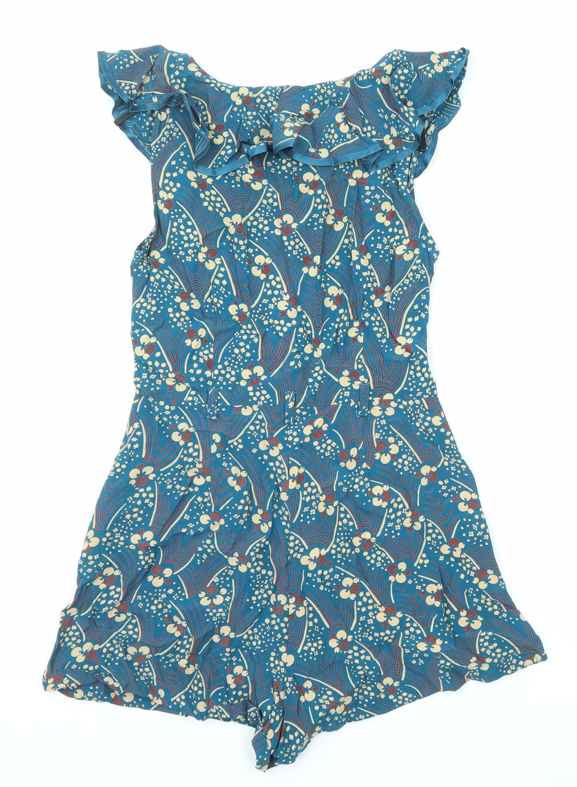 River Island Womens Blue Geometric Viscose Playsuit One-Piece Size 6 Button