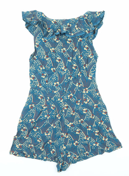 River Island Womens Blue Geometric Viscose Playsuit One-Piece Size 6 Button