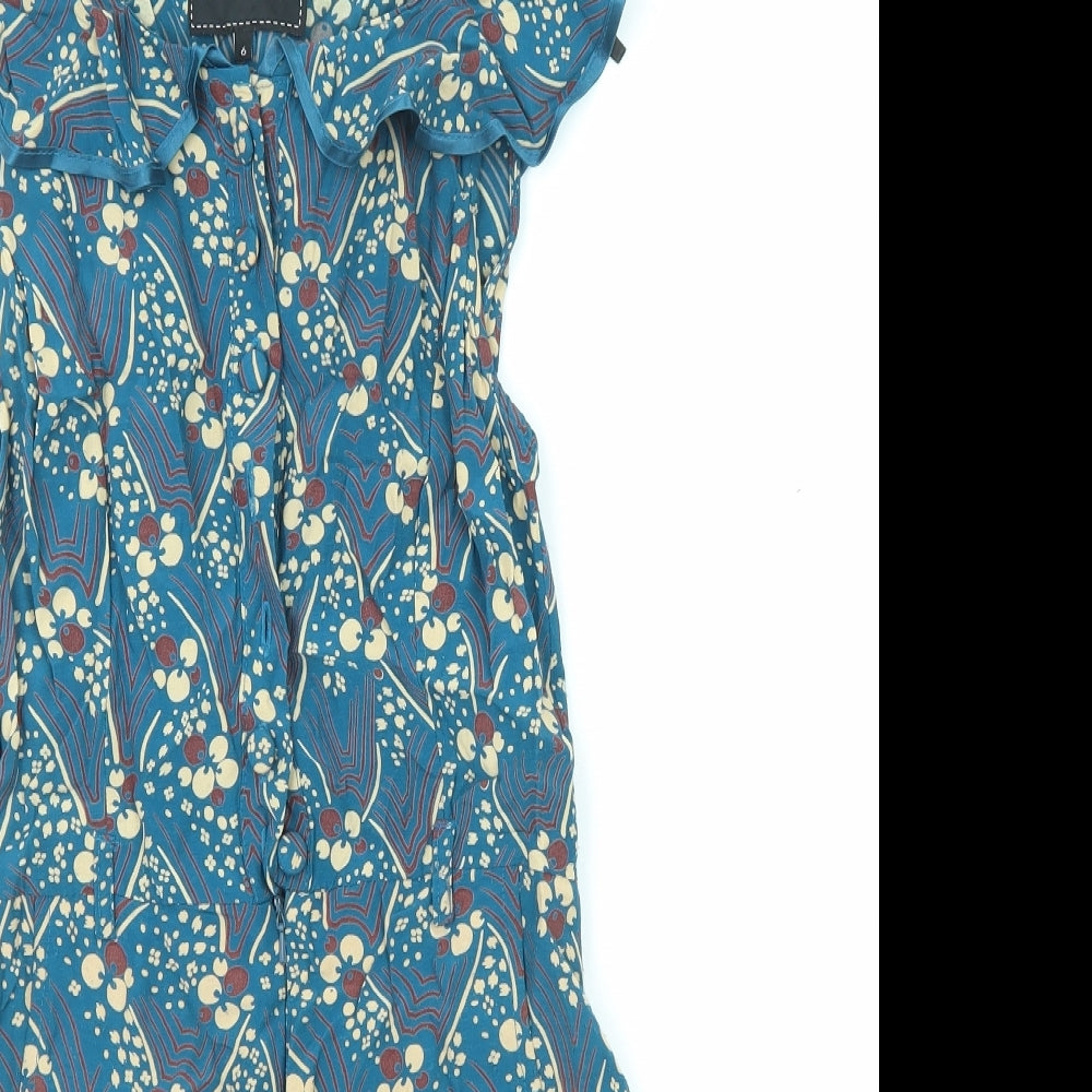 River Island Womens Blue Geometric Viscose Playsuit One-Piece Size 6 Button