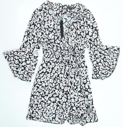 Miss Selfridge Womens Multicoloured Animal Print Viscose Shift Size 8 V-Neck Zip - Leopard pattern