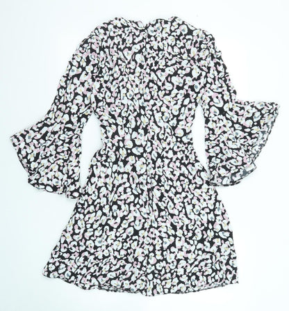 Miss Selfridge Womens Multicoloured Animal Print Viscose Shift Size 8 V-Neck Zip - Leopard pattern