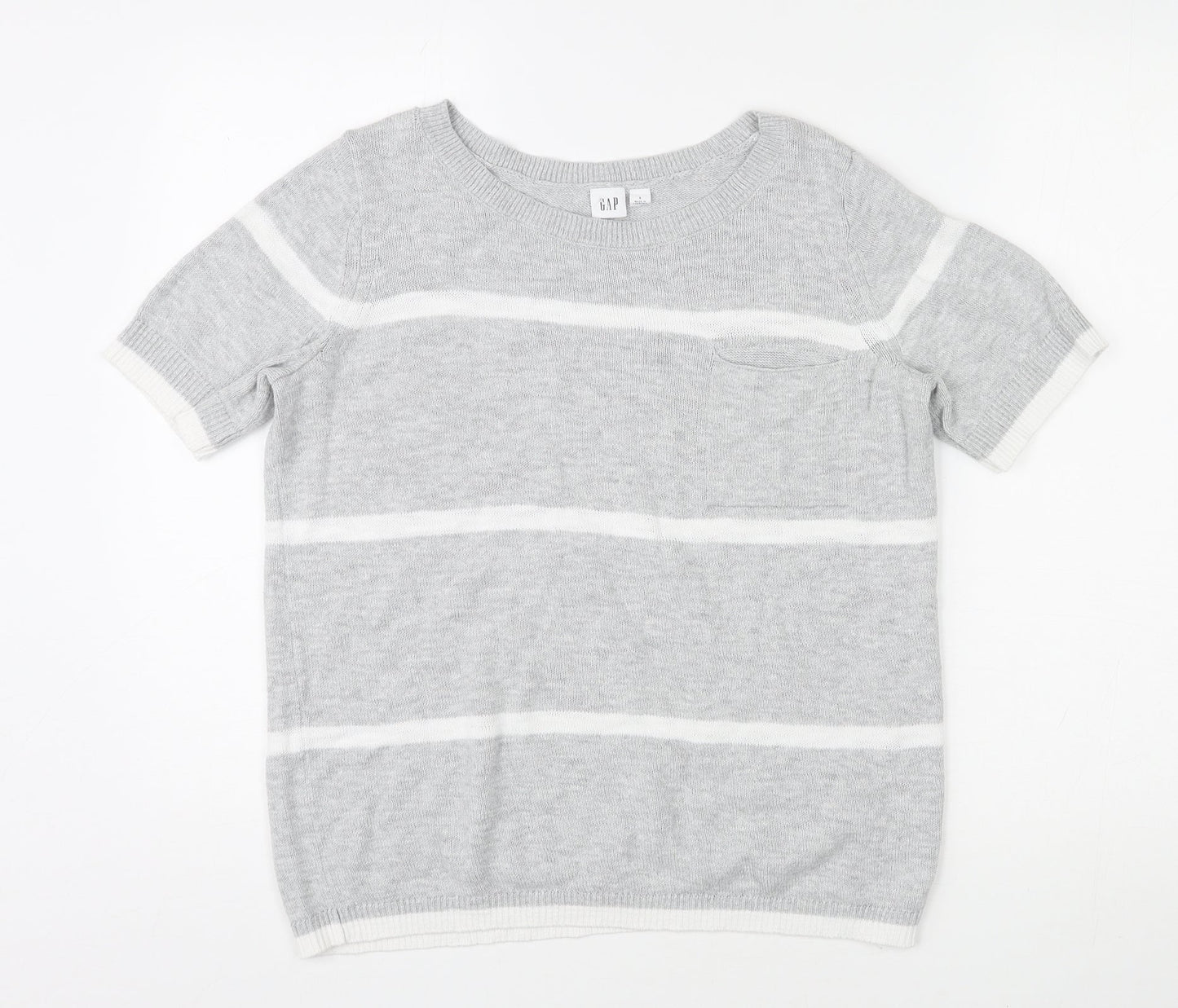 Gap Womens Grey Round Neck Striped 100% Cotton Pullover Jumper Size S Pullover - Pocket