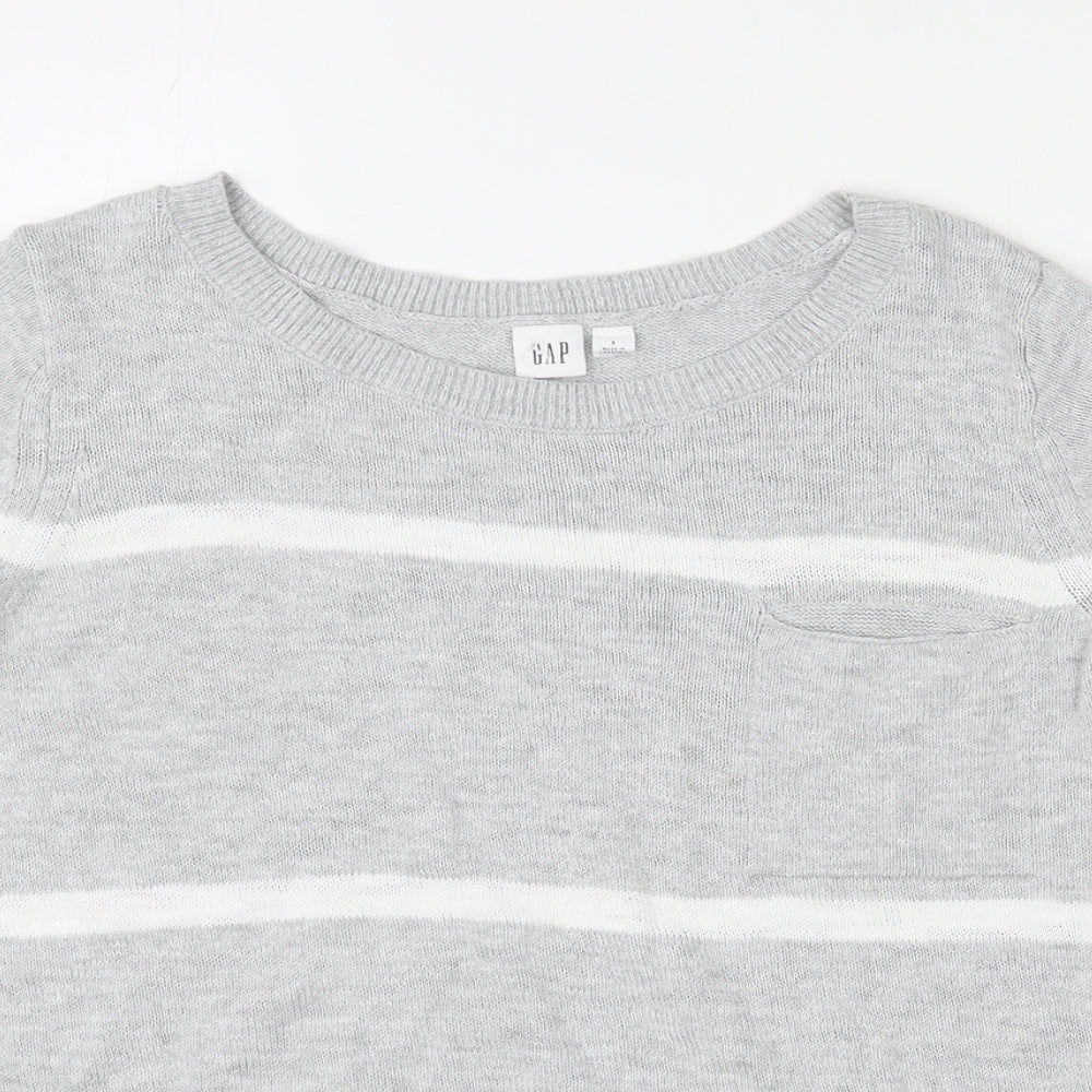 Gap Womens Grey Round Neck Striped 100% Cotton Pullover Jumper Size S Pullover - Pocket