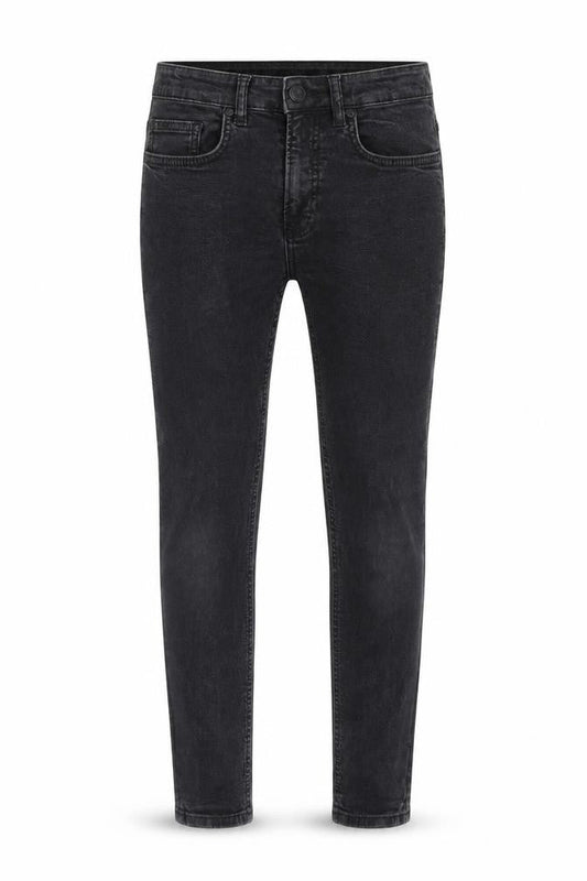 Front view of Easy men’s black cotton skinny jeans, size 28, in, 30-inch leg extra-slim zip