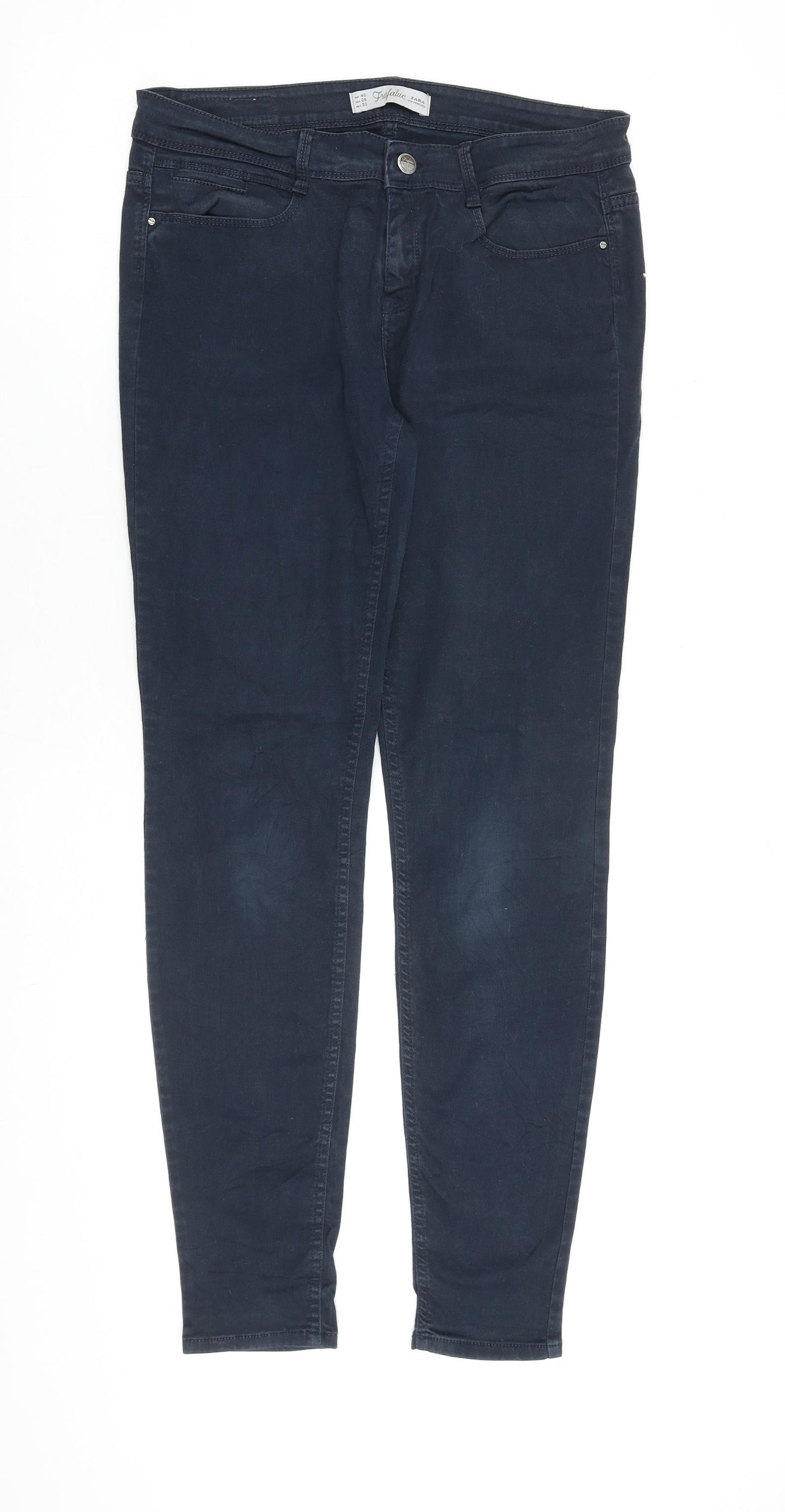 Zara Womens Blue Herringbone Cotton Skinny Jeans Size 12 L30 in Regular Zip