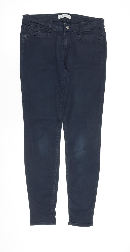 Zara Womens Blue Herringbone Cotton Skinny Jeans Size 12 L30 in Regular Zip