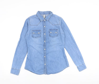 Denim & Co. Womens Blue 100% Cotton Basic Button-Up Size 8 Collared