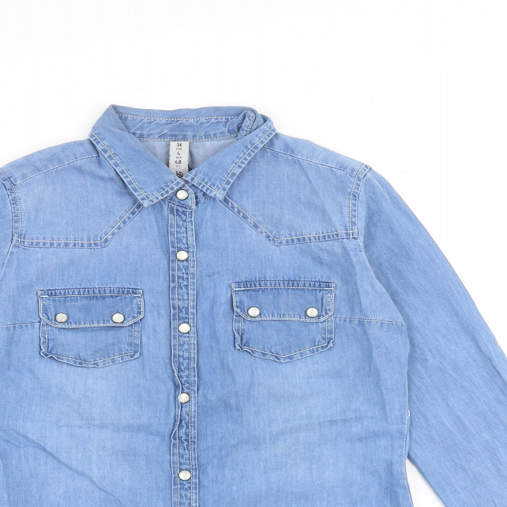 Denim & Co. Womens Blue 100% Cotton Basic Button-Up Size 8 Collared