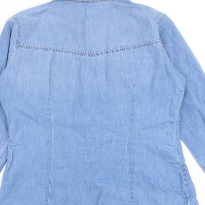 Denim & Co. Womens Blue 100% Cotton Basic Button-Up Size 8 Collared
