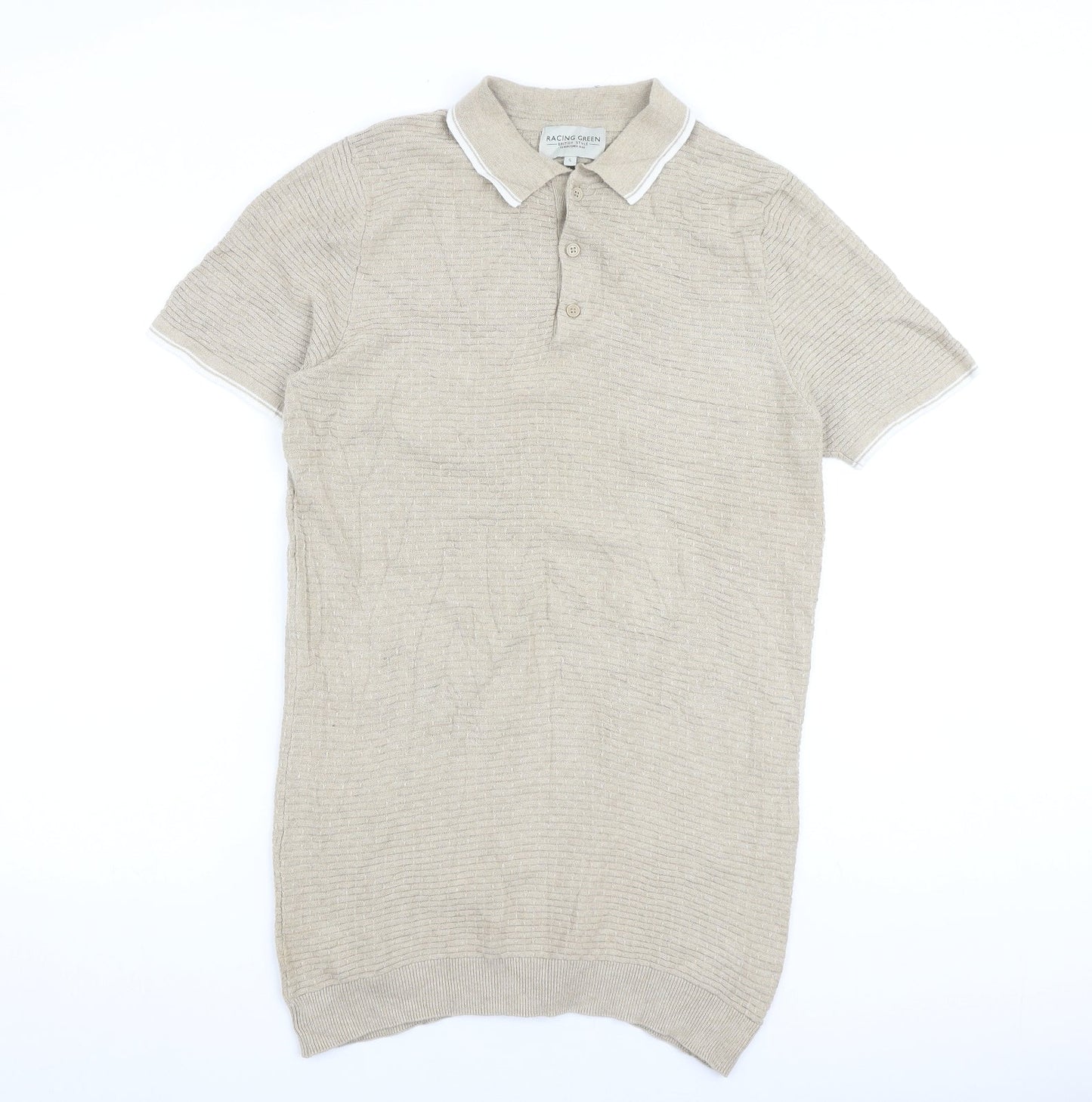 Racing Green Mens Beige 100% Cotton Polo Size S Collared Button