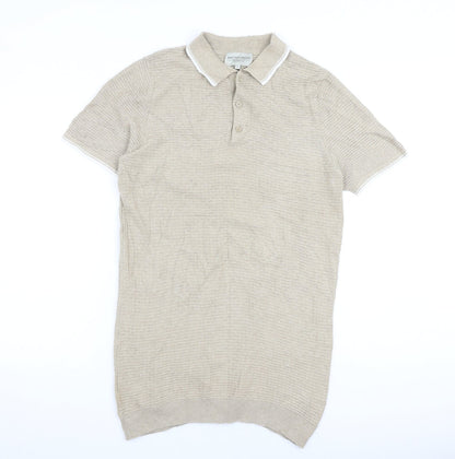 Racing Green Mens Beige 100% Cotton Polo Size S Collared Button