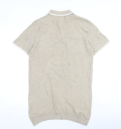 Racing Green Mens Beige 100% Cotton Polo Size S Collared Button