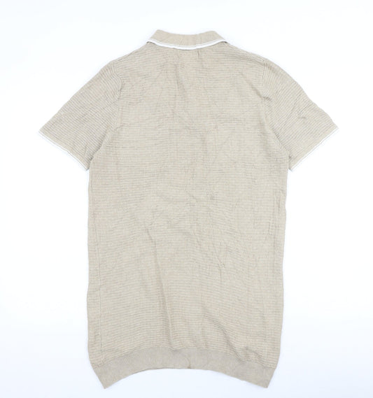 Racing Green Mens Beige 100% Cotton Polo Size S Collared Button