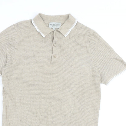 Racing Green Mens Beige 100% Cotton Polo Size S Collared Button