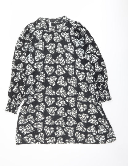 NEXT Womens Black Geometric Viscose A-Line Size 8 Mock Neck Button - Heart Print