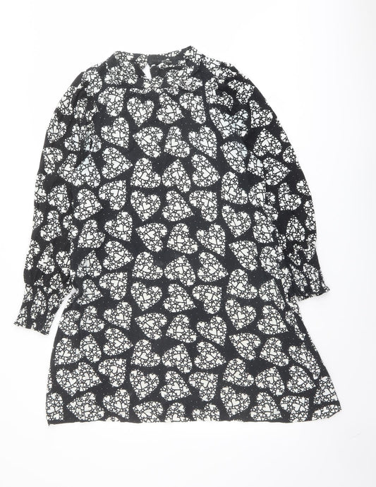 NEXT Womens Black Geometric Viscose A-Line Size 8 Mock Neck Button - Heart Print