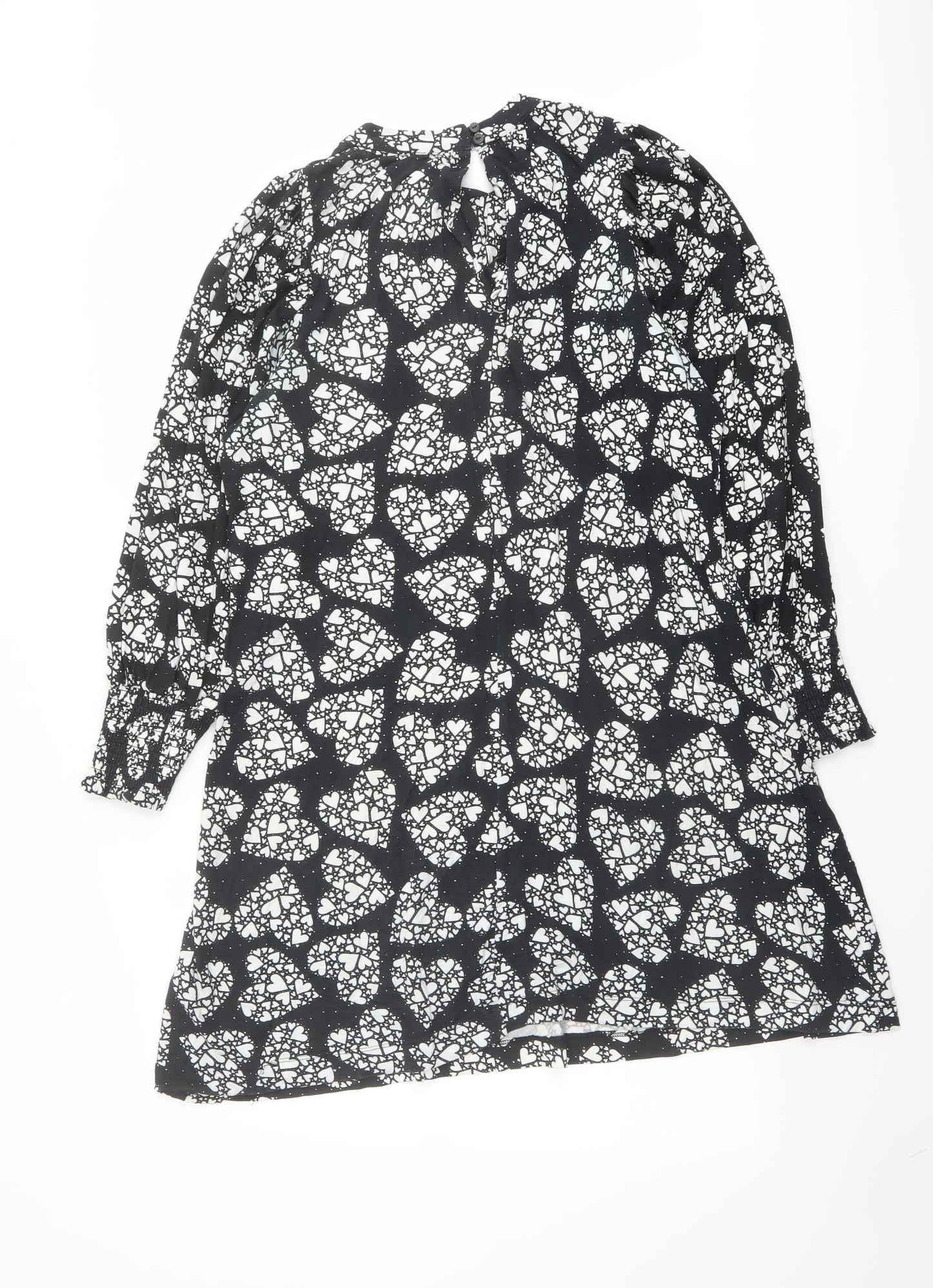 NEXT Womens Black Geometric Viscose A-Line Size 8 Mock Neck Button - Heart Print