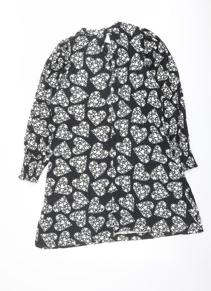 NEXT Womens Black Geometric Viscose A-Line Size 8 Mock Neck Button - Heart Print