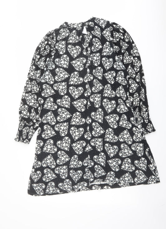 NEXT Womens Black Geometric Viscose A-Line Size 8 Mock Neck Button - Heart Print
