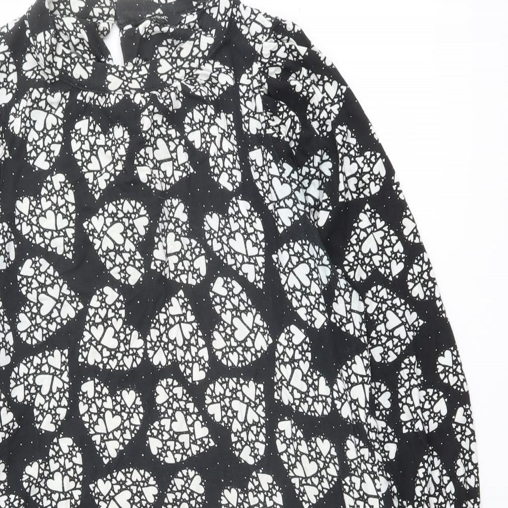 NEXT Womens Black Geometric Viscose A-Line Size 8 Mock Neck Button - Heart Print