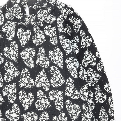 NEXT Womens Black Geometric Viscose A-Line Size 8 Mock Neck Button - Heart Print