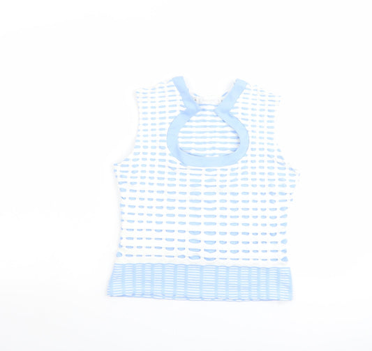 Front view of RAYURE women’s blue polyamide cropped blouse, size UK 10, scoop neck - textured