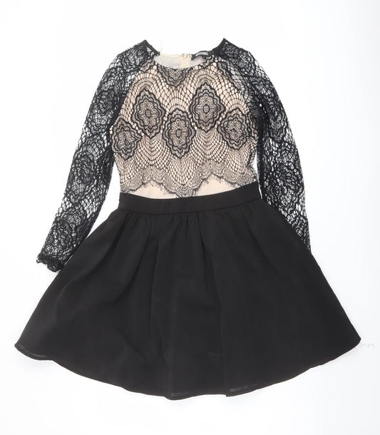 Missguided Womens Black Polyester A-Line Size 10 Round Neck Zip - Lace Details