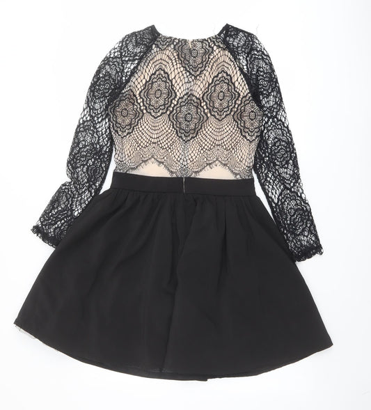 Missguided Womens Black Polyester A-Line Size 10 Round Neck Zip - Lace Details