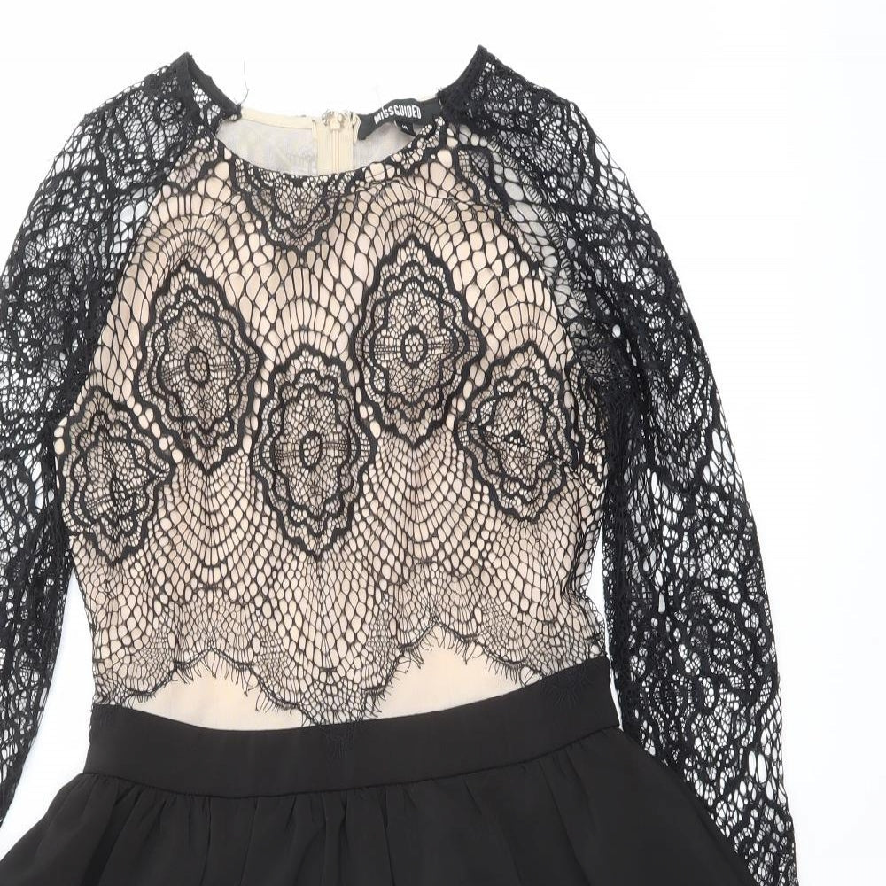 Missguided Womens Black Polyester A-Line Size 10 Round Neck Zip - Lace Details