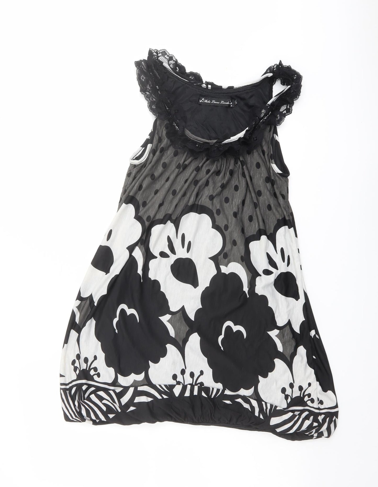 Mela London Womens Black Floral Polyester Basic Tank Size S Boat Neck - Lace Trim