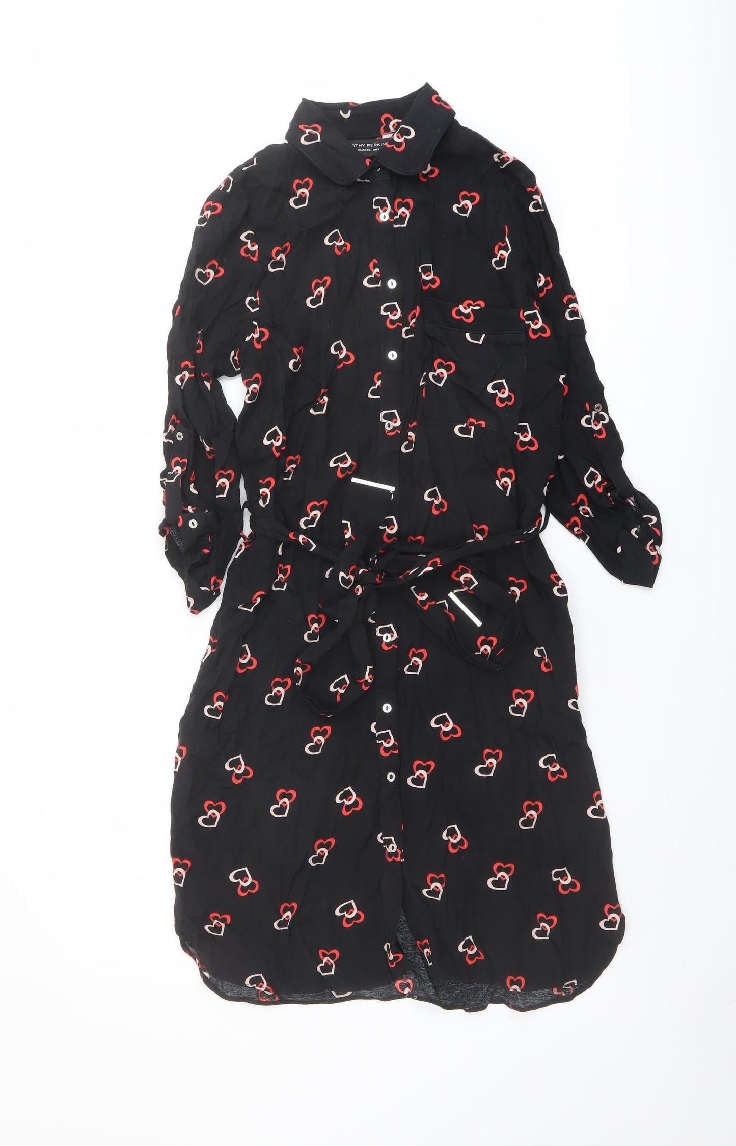 Dorothy Perkins Womens Black Geometric Polyester Shirt Dress Size 8 Collared Button - Heart Print