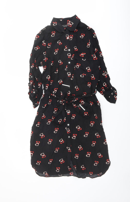 Dorothy Perkins Womens Black Geometric Polyester Shirt Dress Size 8 Collared Button - Heart Print