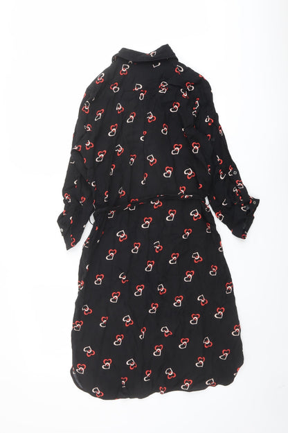 Dorothy Perkins Womens Black Geometric Polyester Shirt Dress Size 8 Collared Button - Heart Print