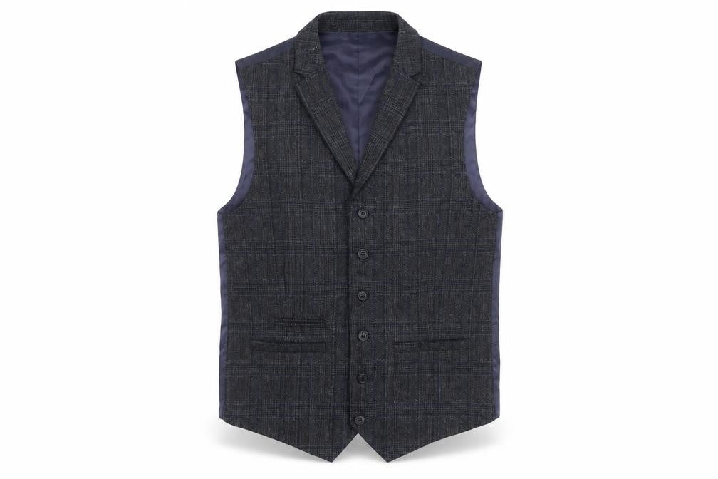Front view of Hammond men’s blue plaid polyester jacket suit waistcoat, size 40, regular