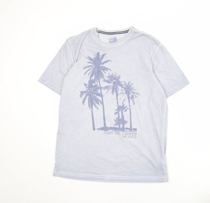 North Coast Mens Blue Cotton T-Shirt Size M Round Neck - Palm Tree