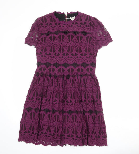 Oasis Womens Purple Geometric Cotton Shift Size 10 Round Neck Zip