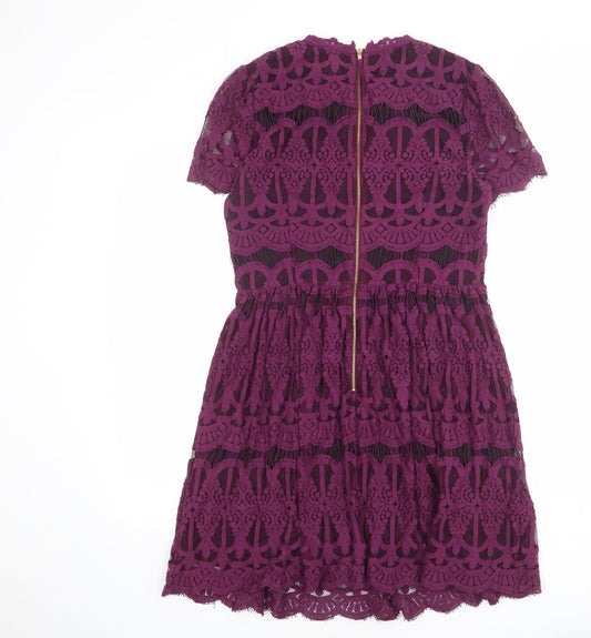 Oasis Womens Purple Geometric Cotton Shift Size 10 Round Neck Zip