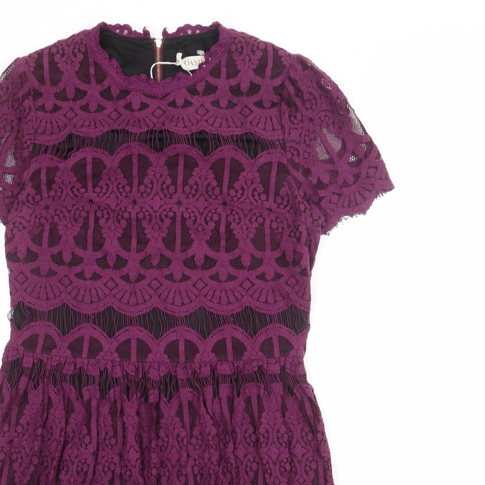 Oasis Womens Purple Geometric Cotton Shift Size 10 Round Neck Zip