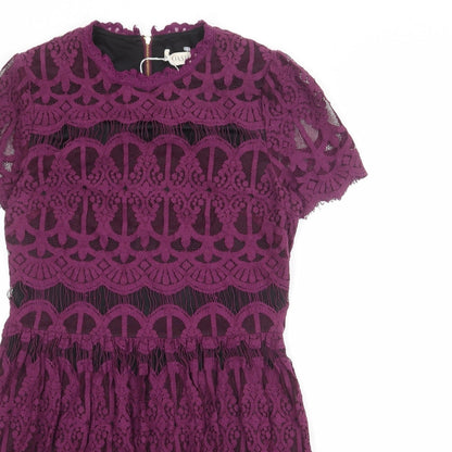 Oasis Womens Purple Geometric Cotton Shift Size 10 Round Neck Zip