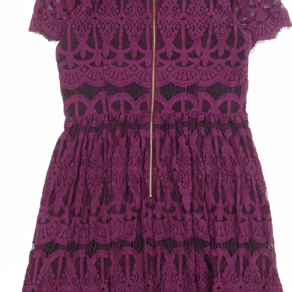 Oasis Womens Purple Geometric Cotton Shift Size 10 Round Neck Zip