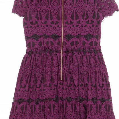 Oasis Womens Purple Geometric Cotton Shift Size 10 Round Neck Zip