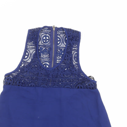 Sweet Journey Womens Blue Polyester Basic Blouse Size S Scoop Neck - Crocheted Lace Detail