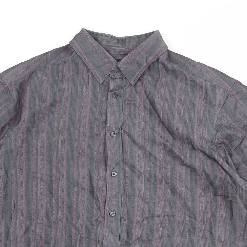 Autograph Mens Grey Striped Polyester Button-Up Size XL Collared Button
