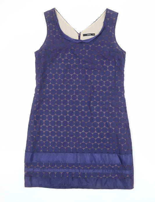 Oasis Womens Blue Geometric Polyester Shift Size 14 Round Neck Zip